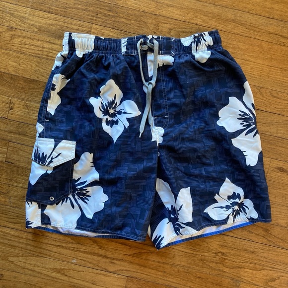 Mens Sonoma Blue and White Floral Swim Trunks - Large Swimsuit Board Shorts - Picture 5 of 6